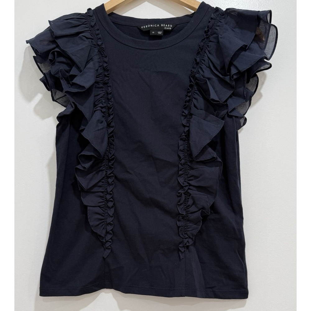 Veronica Beard Bardot Cotton Ruffle Tee Navy Size XS - Picture 3 of 7